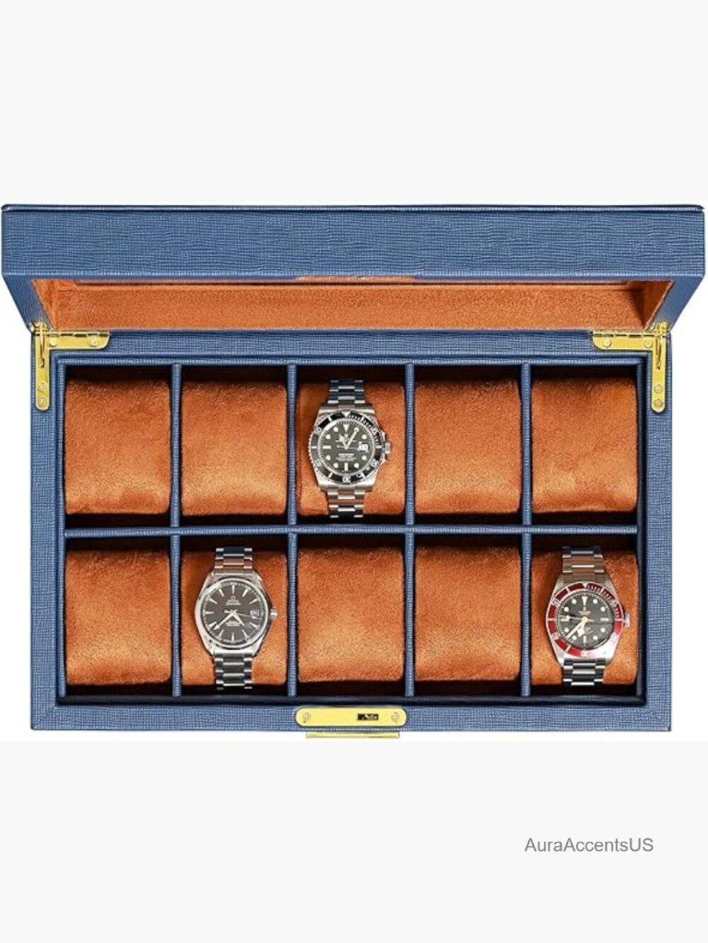 10 Slot Pu Leather Watch Box With Locking Glass Top Display Case